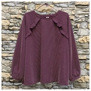 #23 Elle Ruffle Polka Dot Longe Sleeve Pullover Blouse Top Magenta Shirt Medium